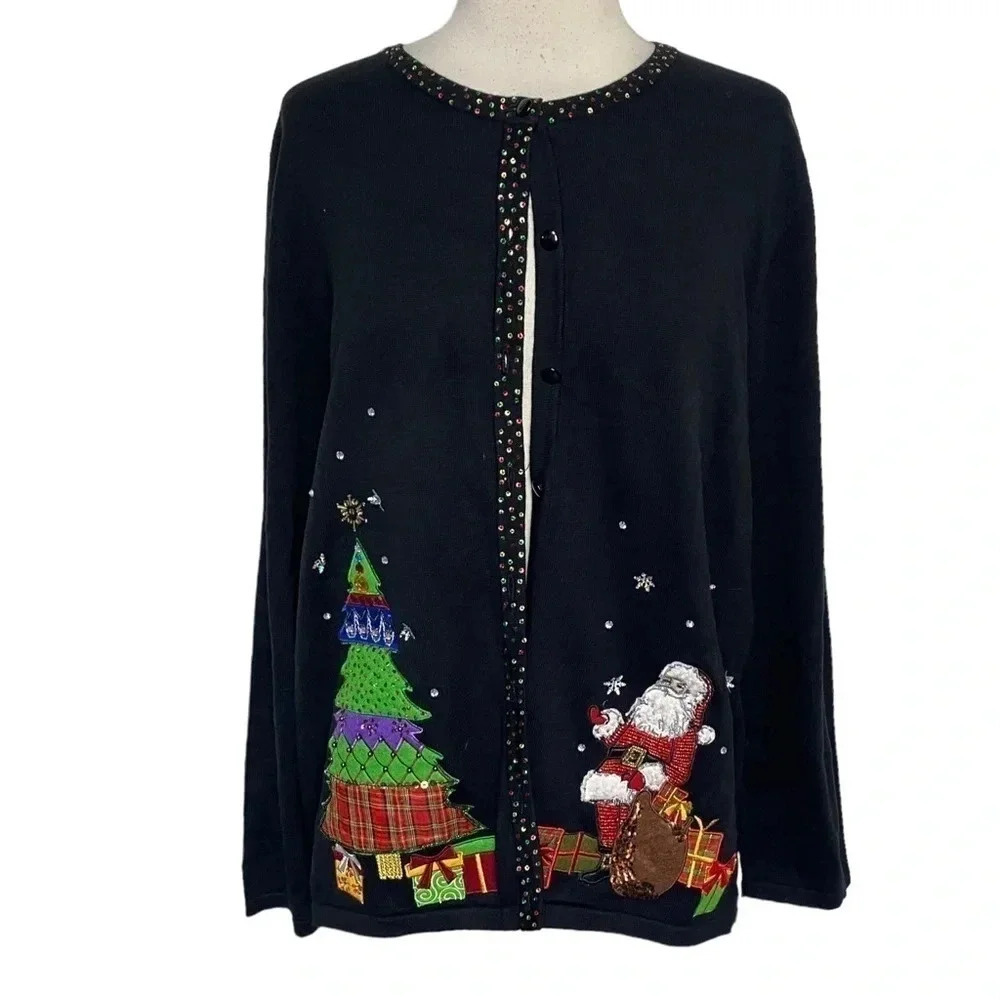 Mercer Street Studio‎ XL black & colorful embroidered Christmas cardigan sweater